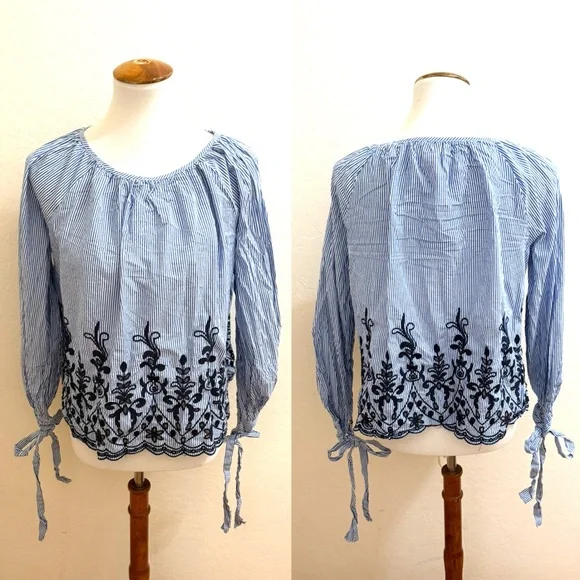 Catherine Malandrino Blue Striped Blouse with navy Embroidery - Picture 2 of 3